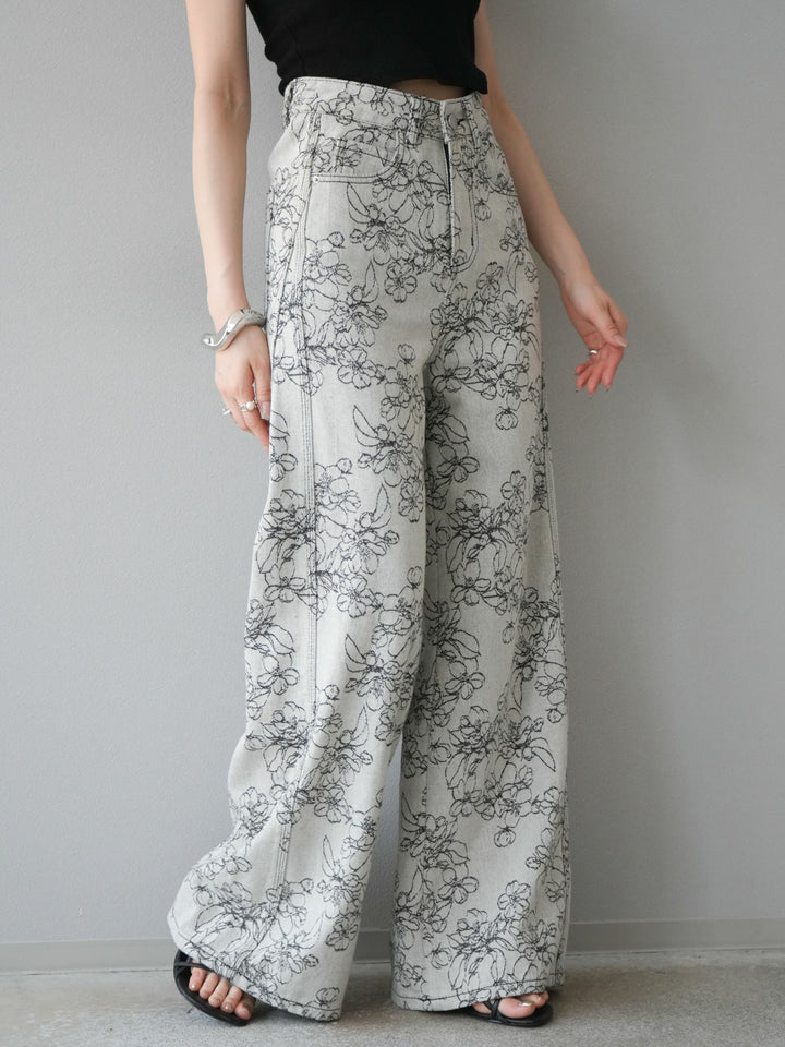 【預購】花朵提花牛仔寬褲/黑