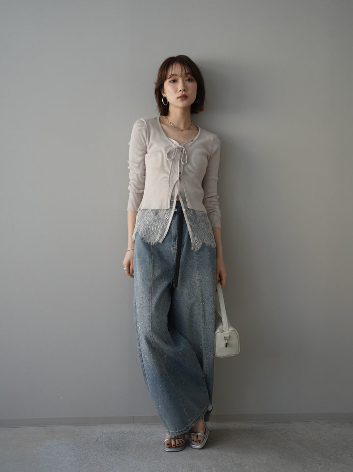 [予約]フロントリボン裾レースリブニットトップス/beige