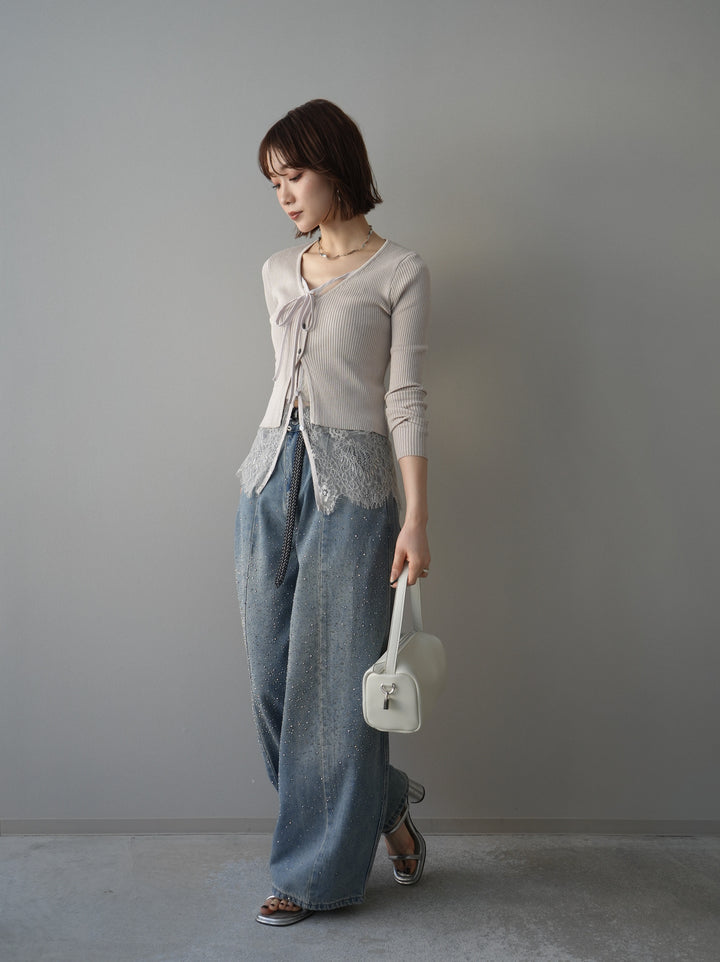 [SET]フロントリボン裾レースリブニットトップス+フロントビジューカーブデニムパンツ(2set)