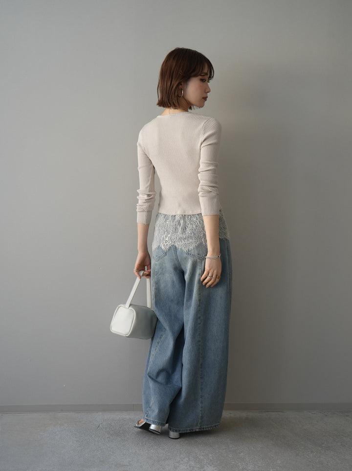 [SET]フロントリボン裾レースリブニットトップス+フロントビジューカーブデニムパンツ(2set)