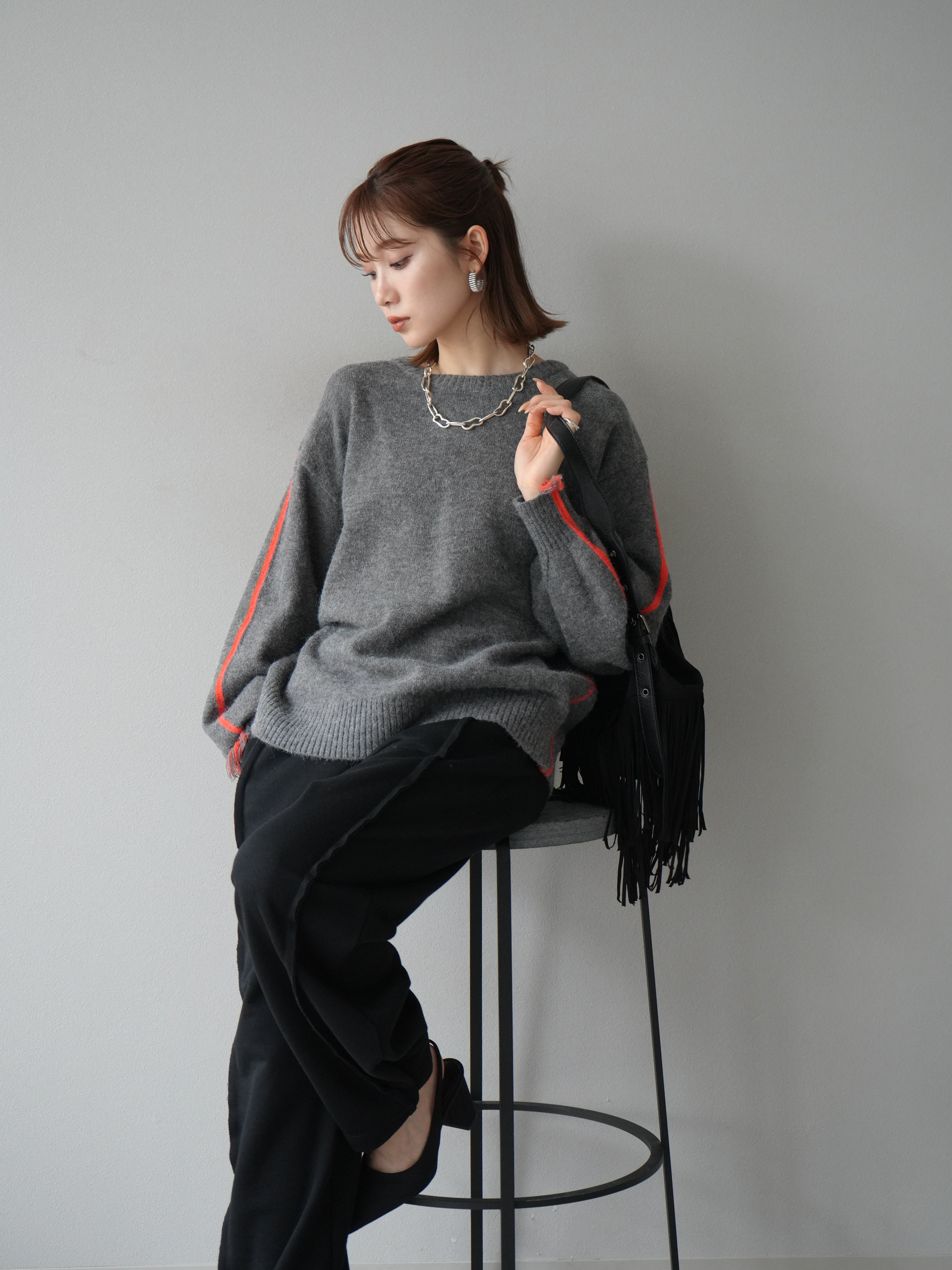 【PAMEO POSE】パメオポーズ ニットチュニック ファー切替 フリンジ F SET]配色ステッチフリンジニットプルオーバー +配色ステッチ