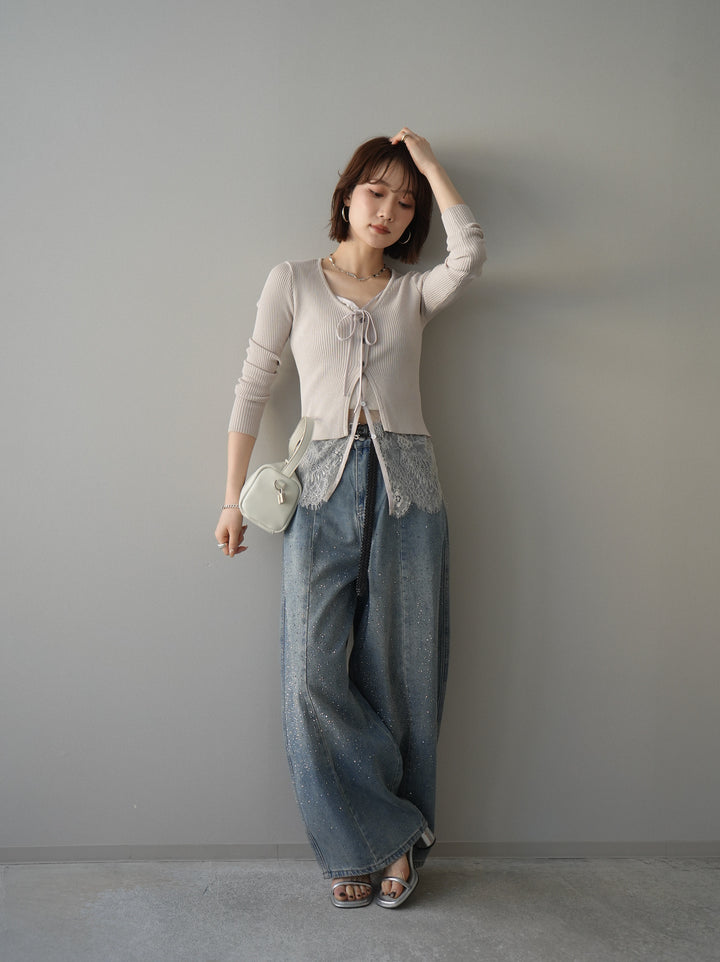 [SET]フロントリボン裾レースリブニットトップス+フロントビジューカーブデニムパンツ(2set)