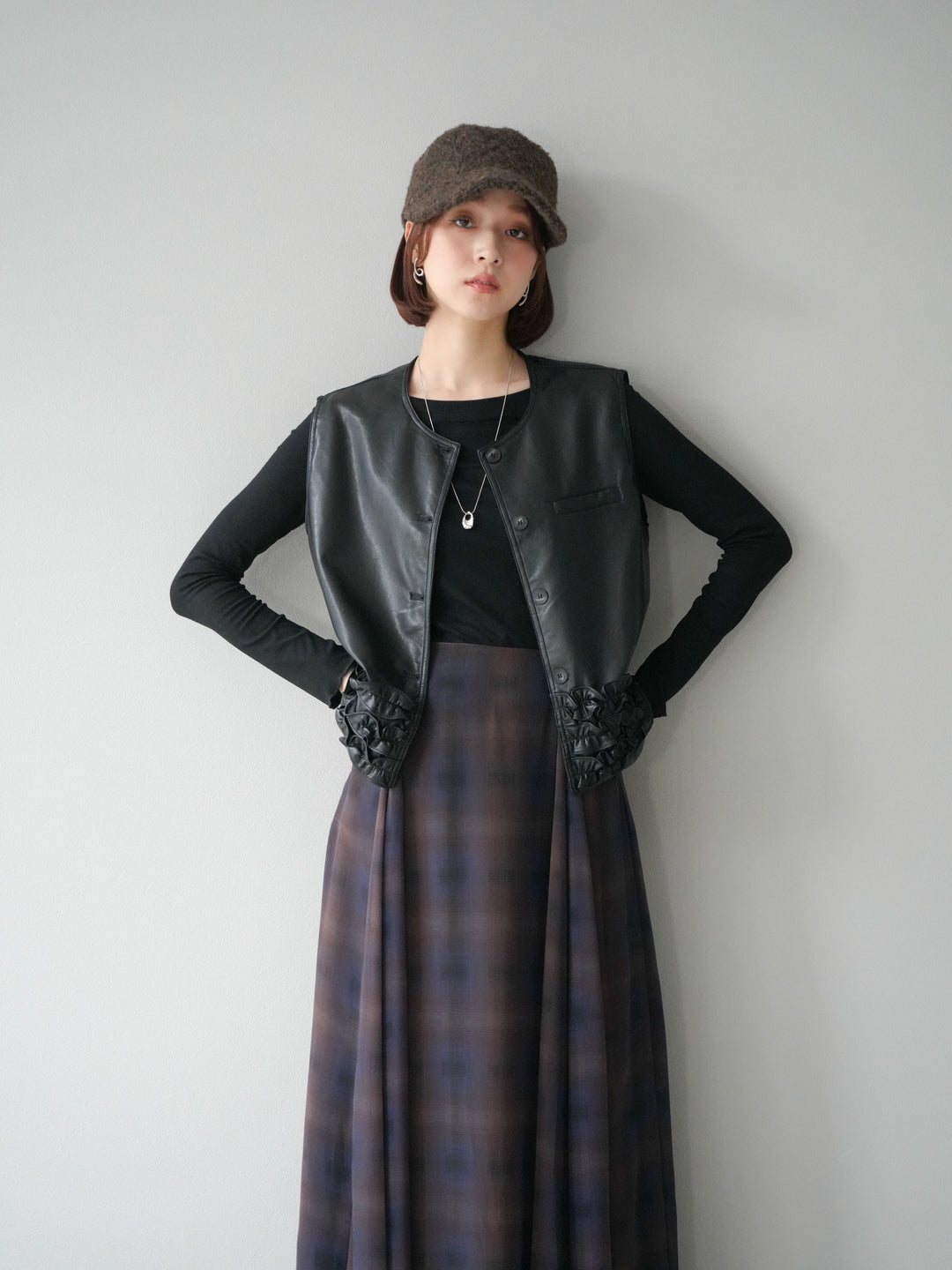 [予約]カットソー付シアーチェックフレアタックスカート/ブラック