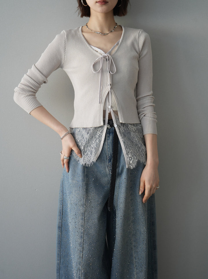 [予約]フロントリボン裾レースリブニットトップス/beige