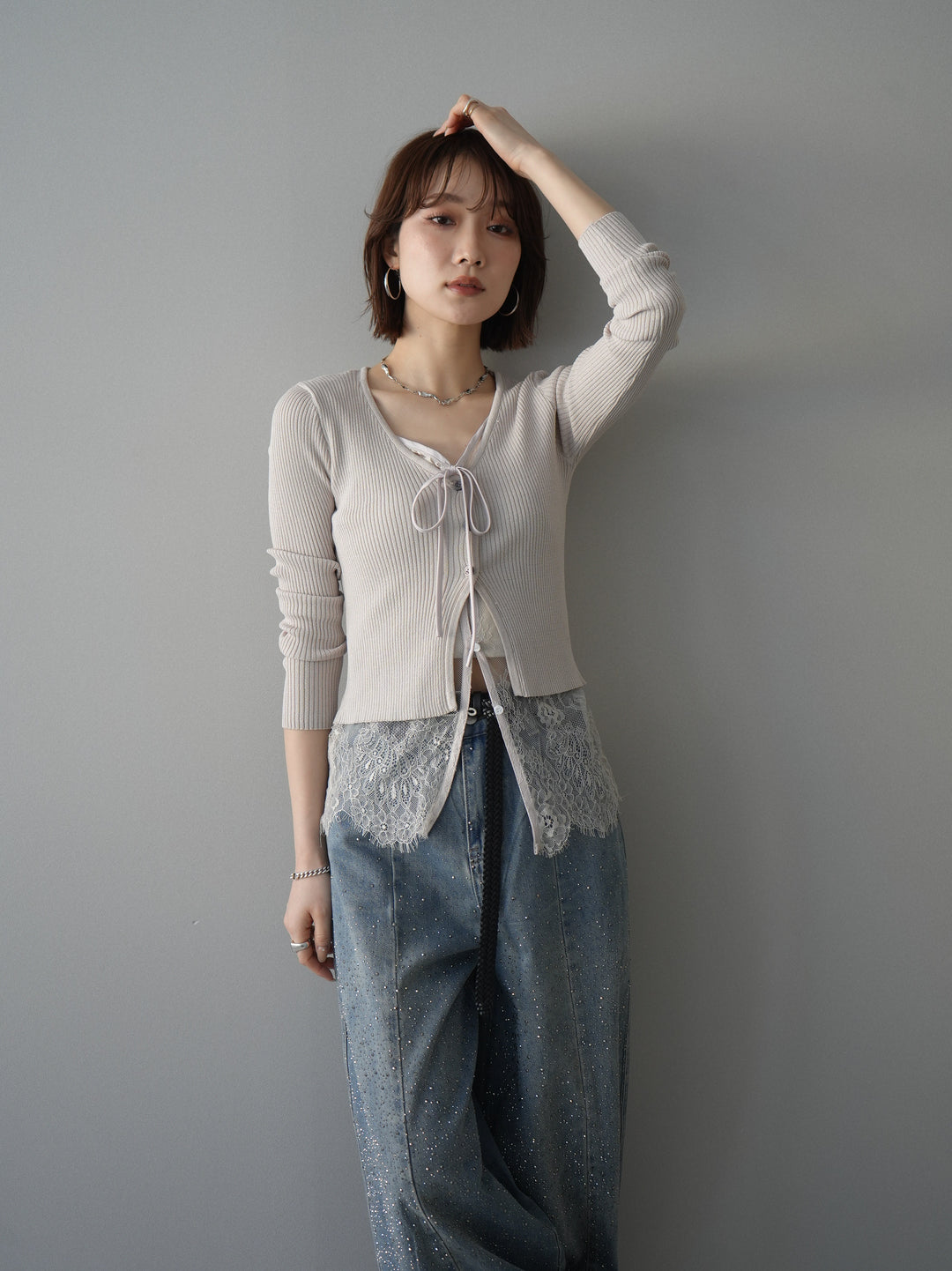 [予約]フロントリボン裾レースリブニットトップス/beige