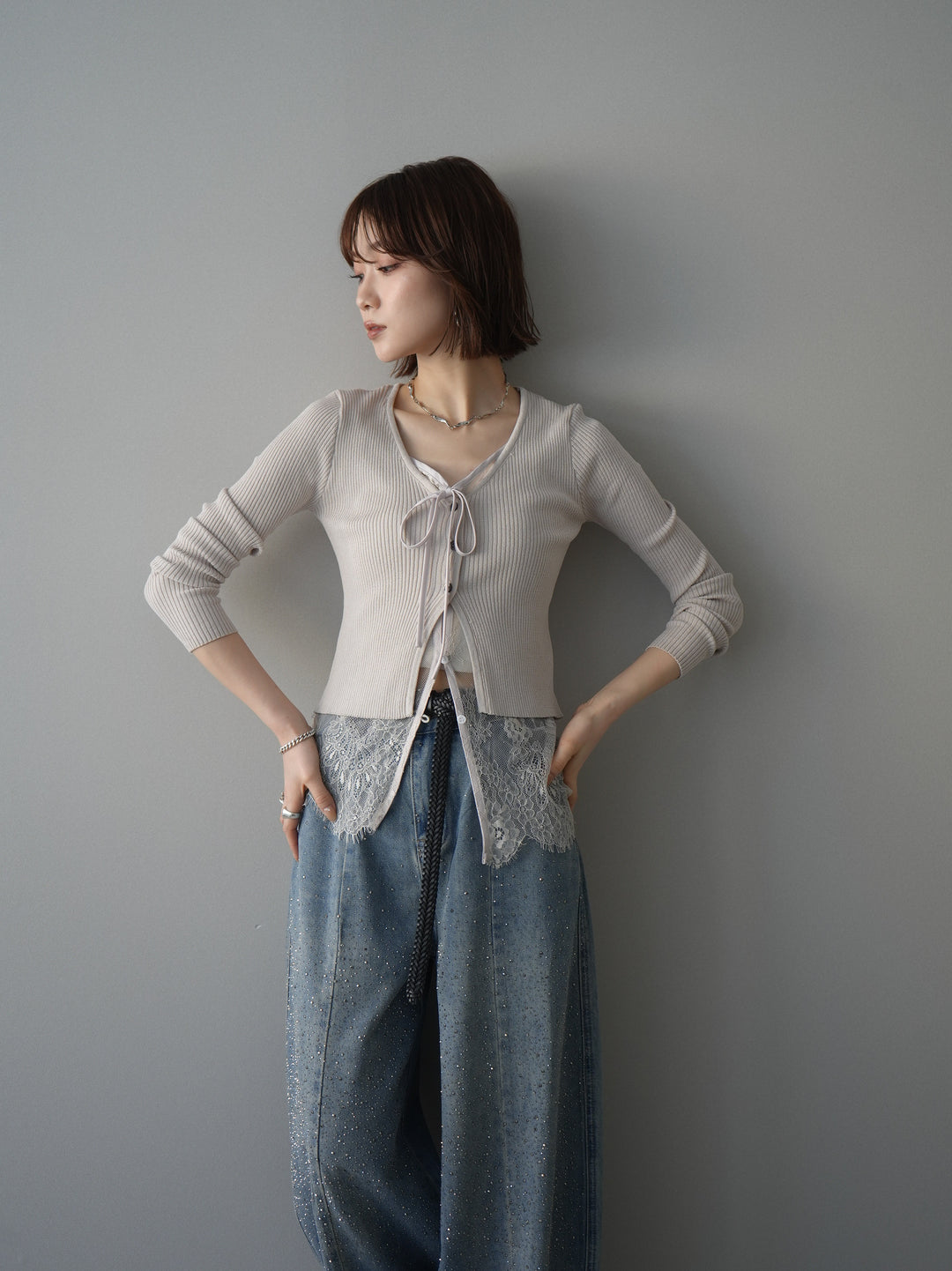 [予約]フロントリボン裾レースリブニットトップス/beige