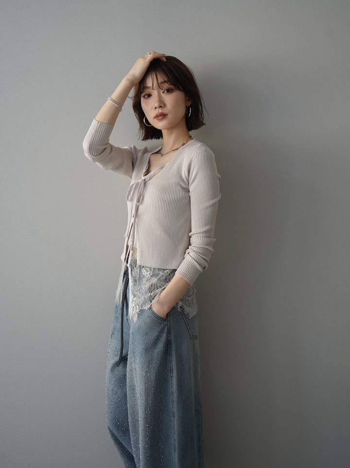 [予約]フロントリボン裾レースリブニットトップス/beige