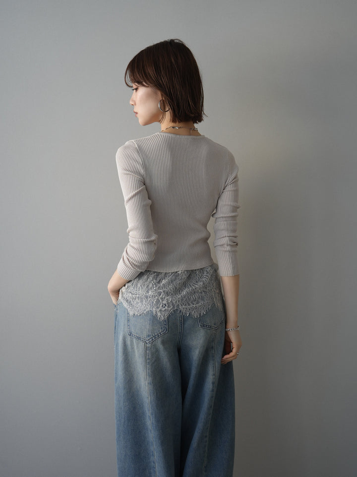 [予約]フロントリボン裾レースリブニットトップス/beige