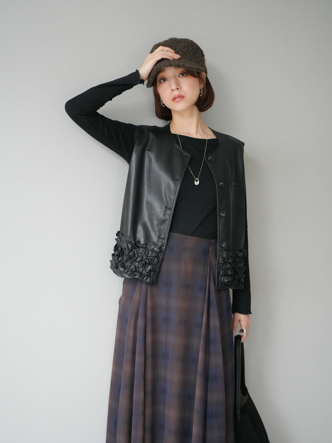 [予約]カットソー付シアーチェックフレアタックスカート/ブラック