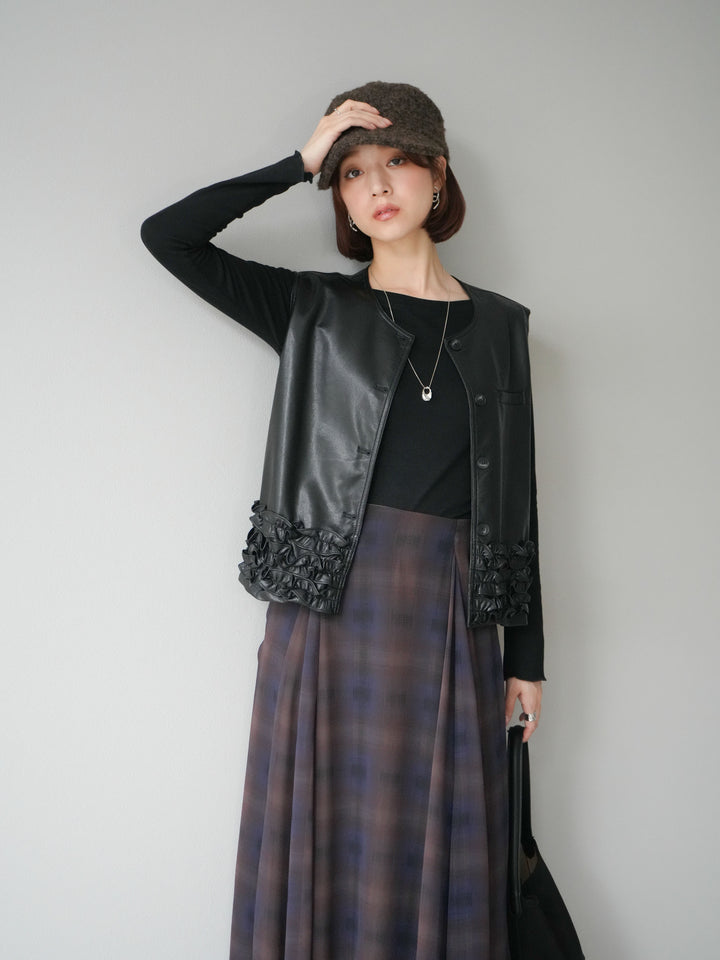 [予約]カットソー付シアーチェックフレアタックスカート/ブラック