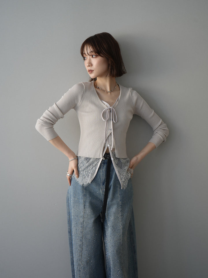 [予約]フロントリボン裾レースリブニットトップス/beige