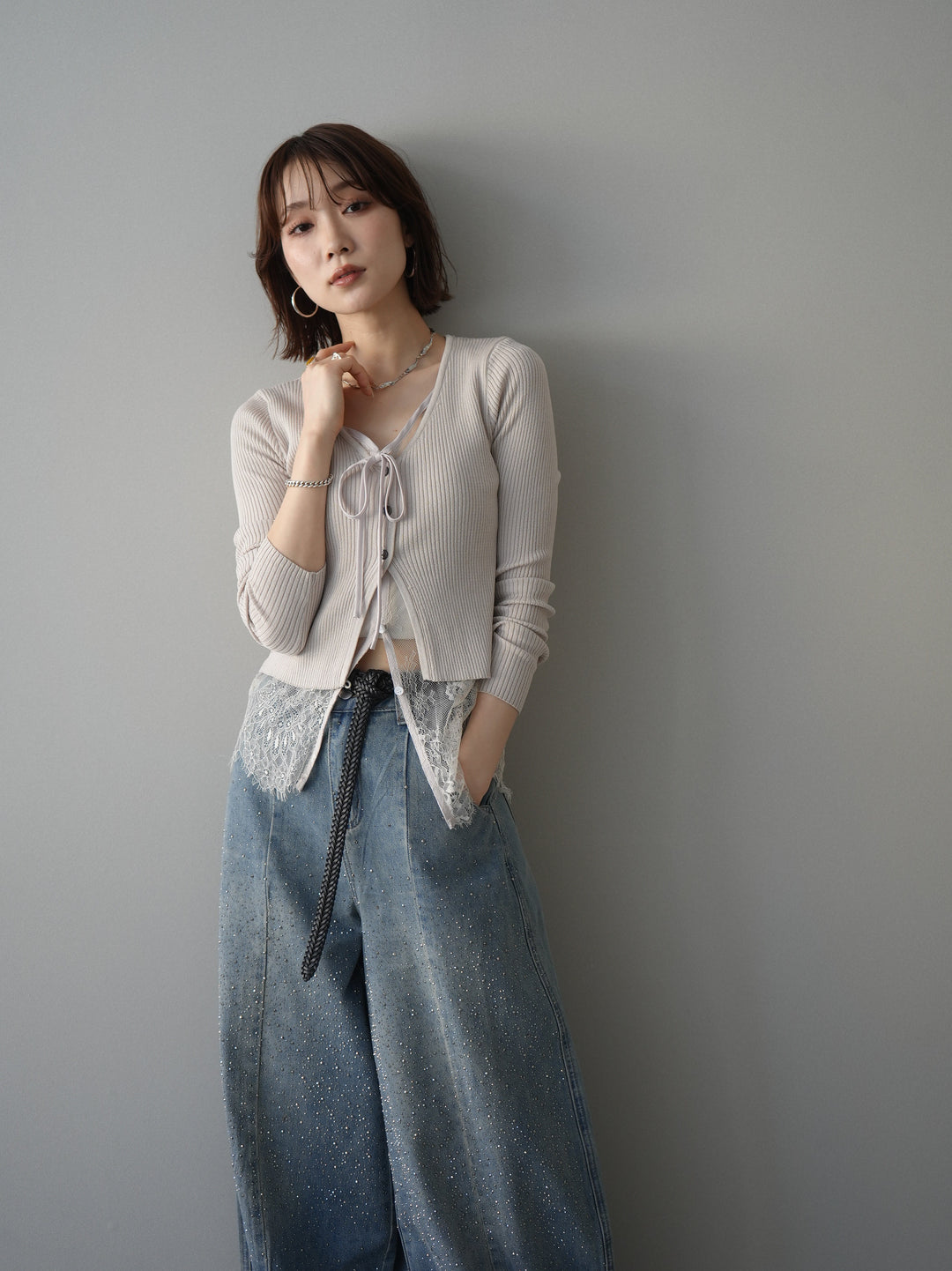 [予約]フロントリボン裾レースリブニットトップス/beige