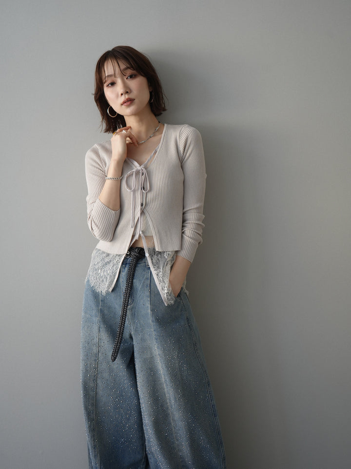 [予約]フロントリボン裾レースリブニットトップス/beige