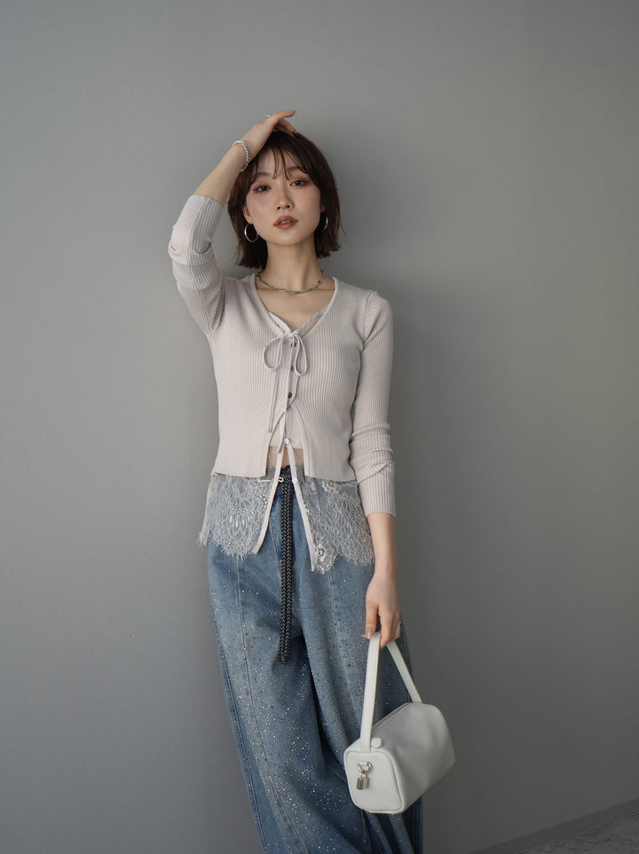 [予約]フロントリボン裾レースリブニットトップス/beige