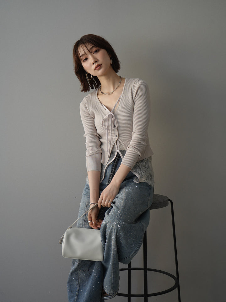 [予約]フロントリボン裾レースリブニットトップス/beige