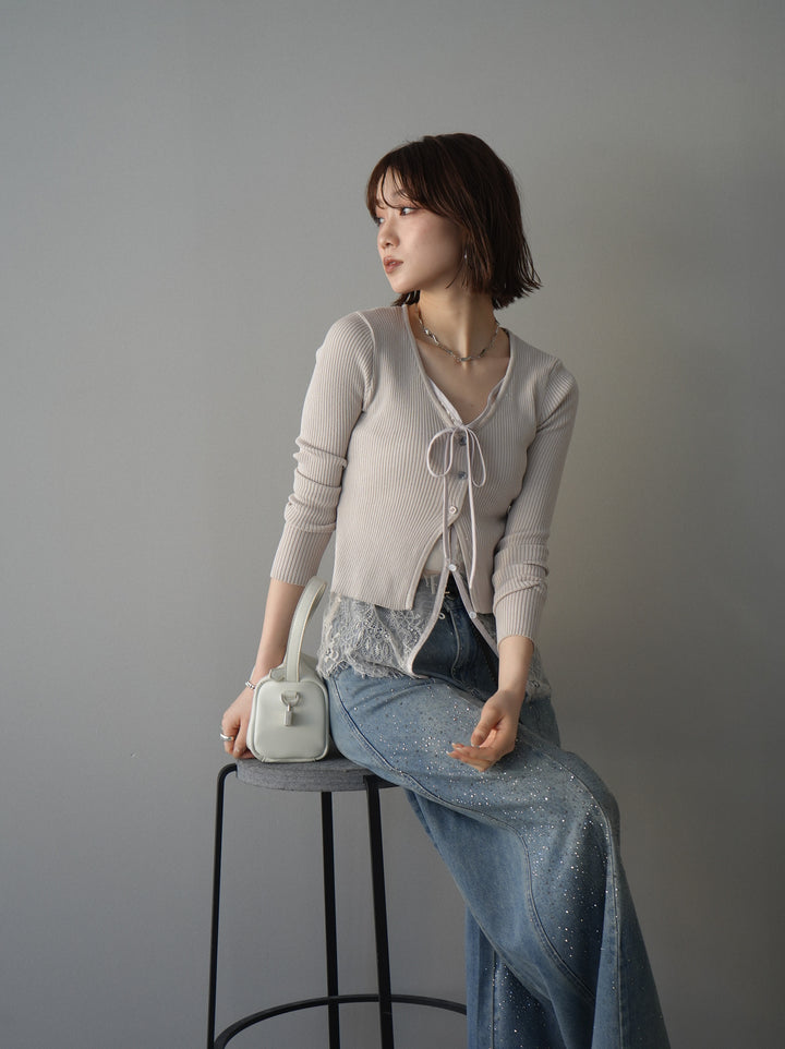 [予約]フロントリボン裾レースリブニットトップス/beige