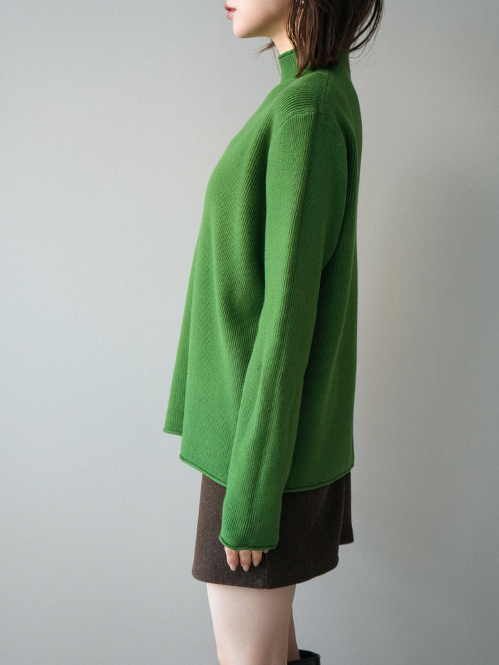 [予約]ボトルネック裾カールリブニットトップス/green