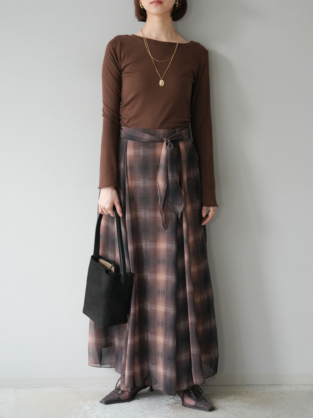 [予約]カットソー付シアーチェックフレアタックスカート/ブラウン