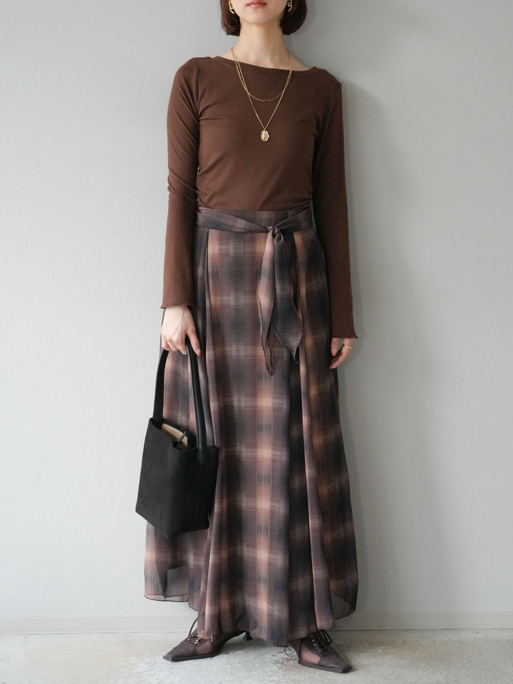 [予約]カットソー付シアーチェックフレアタックスカート/ブラウン