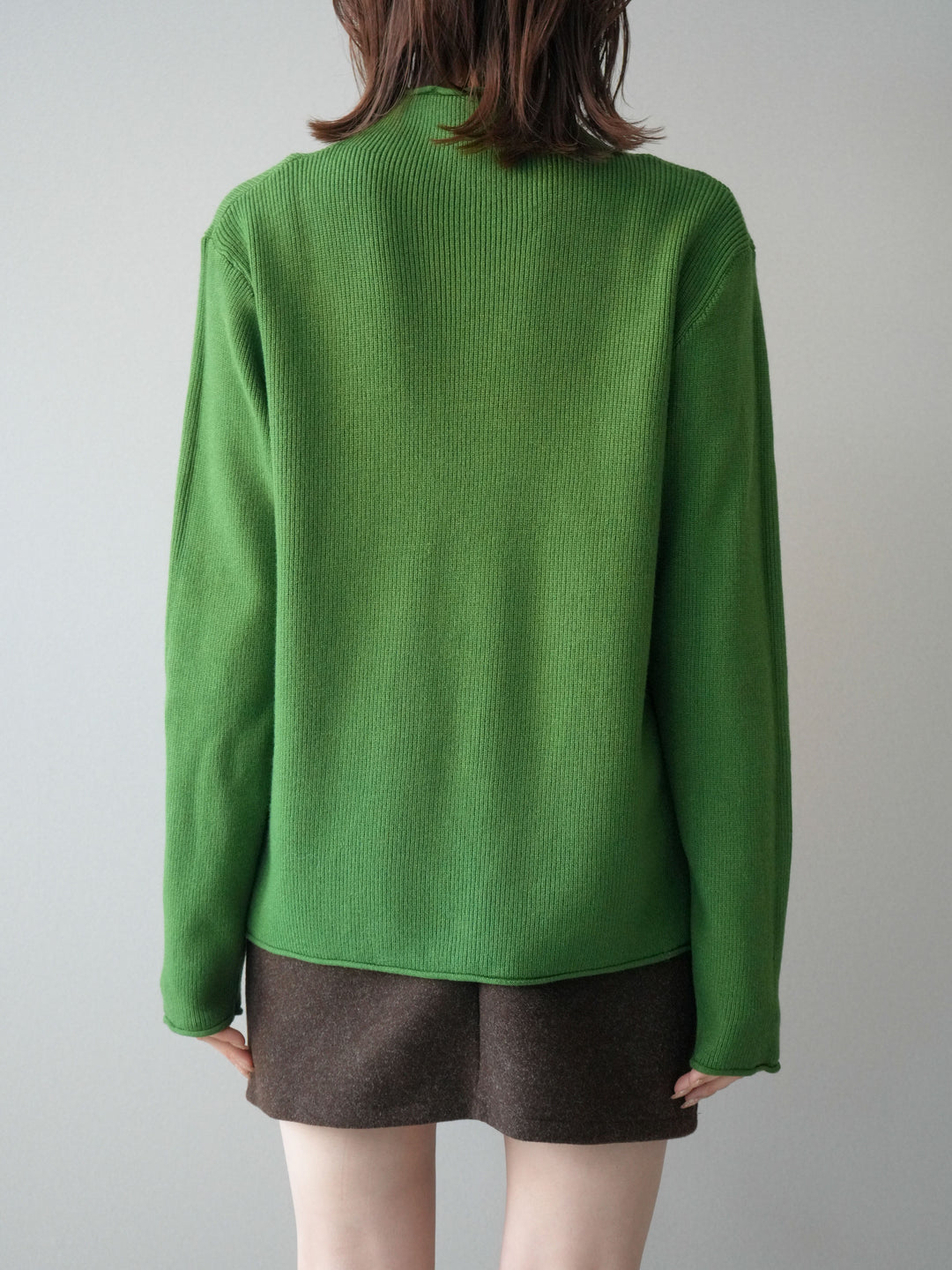 [予約]ボトルネック裾カールリブニットトップス/green