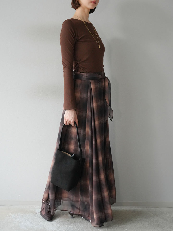[予約]カットソー付シアーチェックフレアタックスカート/ブラウン