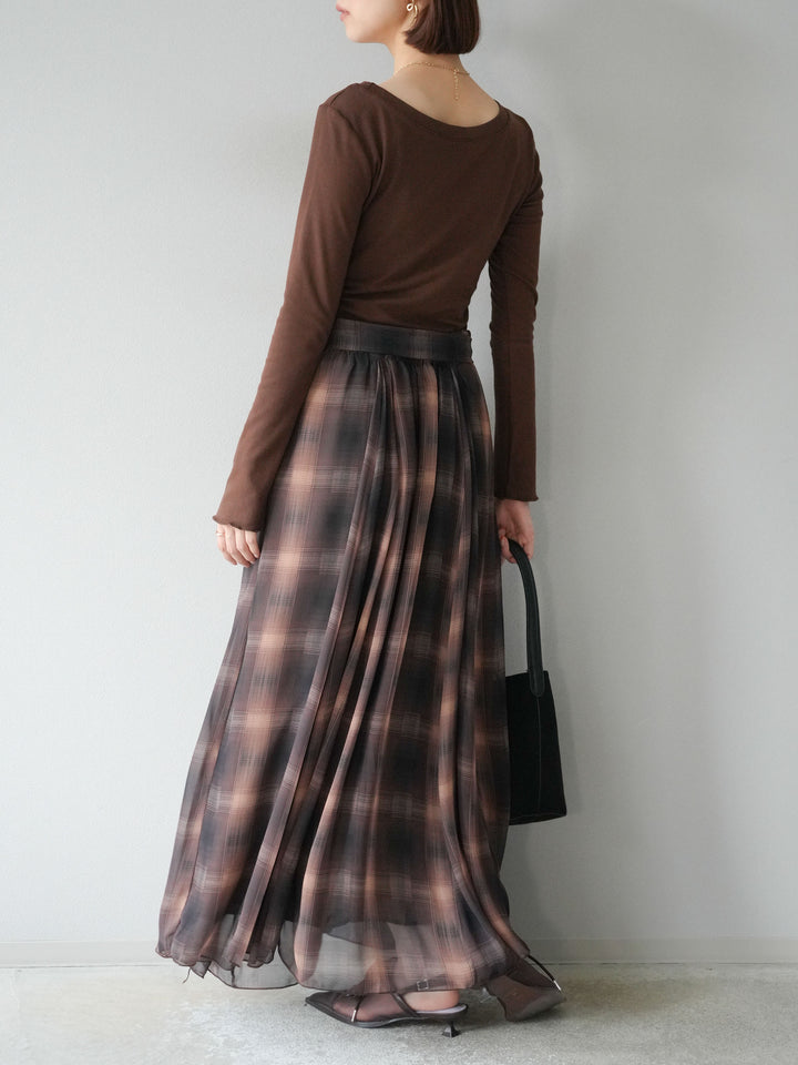 [予約]カットソー付シアーチェックフレアタックスカート/ブラウン