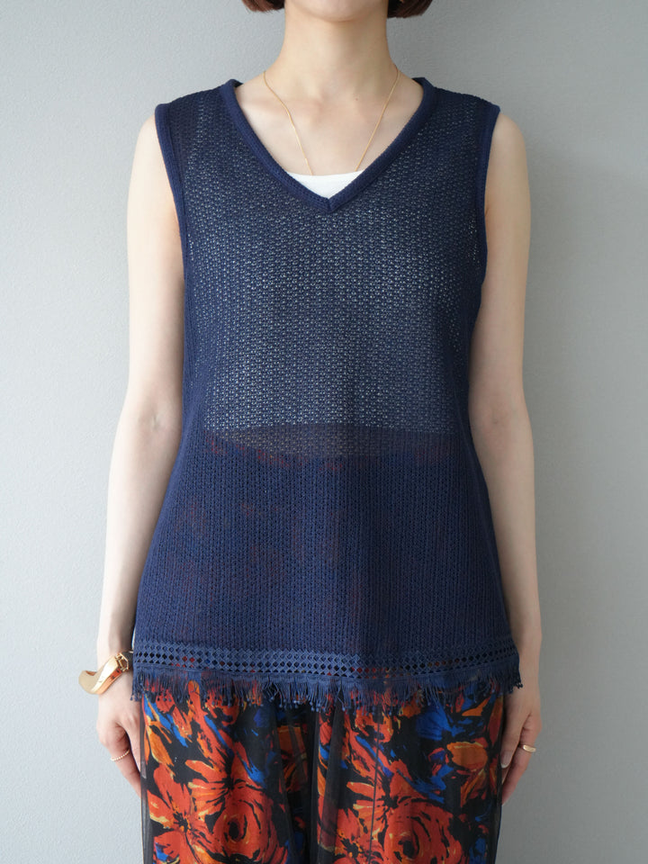 [予約]裾フリンジVネックニットタンクトップアンサンブル/ネイビー