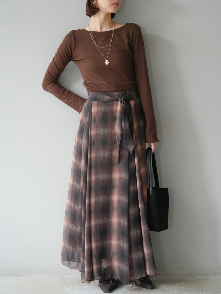 [予約]カットソー付シアーチェックフレアタックスカート/ブラウン