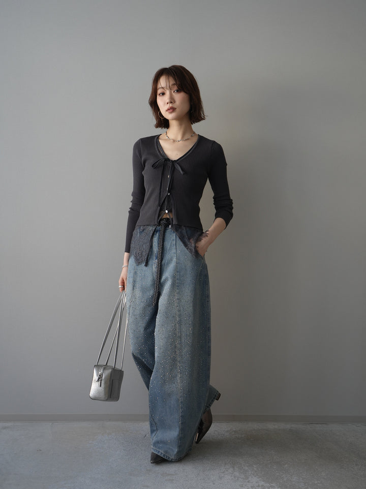 [SET]フロントリボン裾レースリブニットトップス+フロントビジューカーブデニムパンツ(2set)