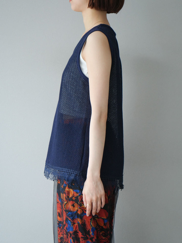 [予約]裾フリンジVネックニットタンクトップアンサンブル/ネイビー