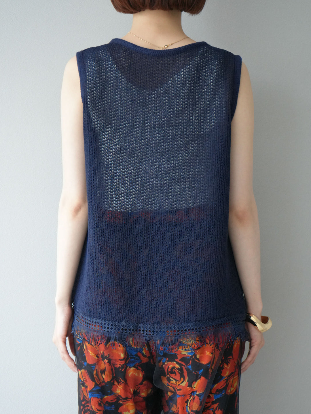 [予約]裾フリンジVネックニットタンクトップアンサンブル/ネイビー