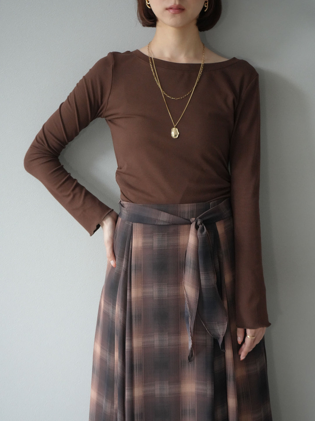[予約]カットソー付シアーチェックフレアタックスカート/ブラウン