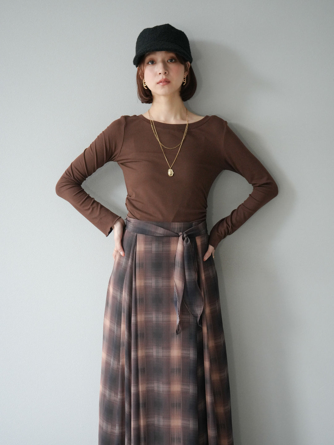 [予約]カットソー付シアーチェックフレアタックスカート/ブラウン