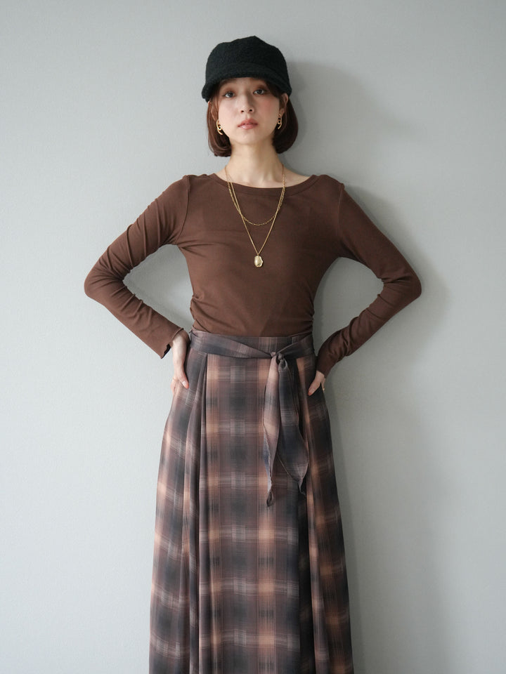 [予約]カットソー付シアーチェックフレアタックスカート/ブラウン