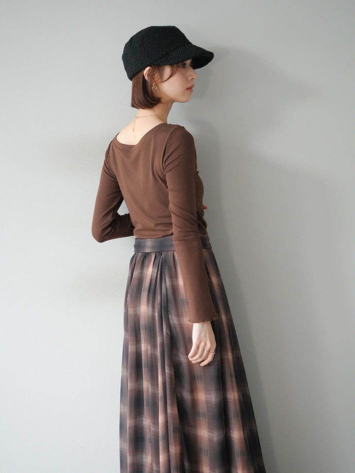 [予約]カットソー付シアーチェックフレアタックスカート/ブラウン