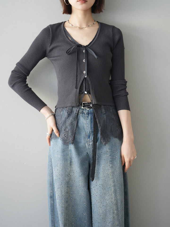 [SET]フロントリボン裾レースリブニットトップス+選べるアクセセット(2set)