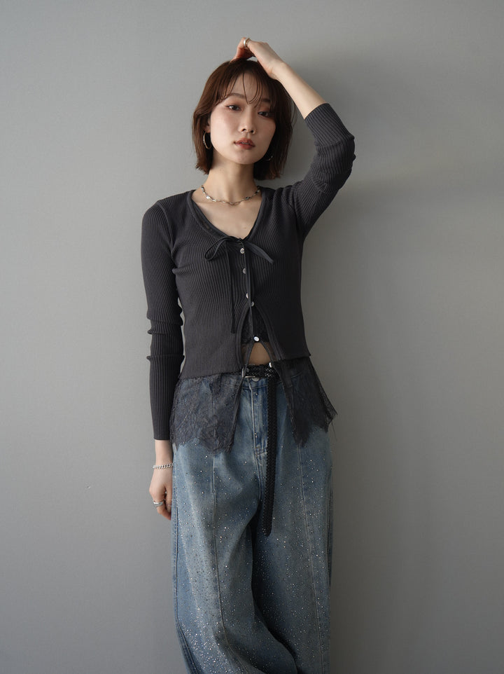 [予約]フロントリボン裾レースリブニットトップス/charcoal