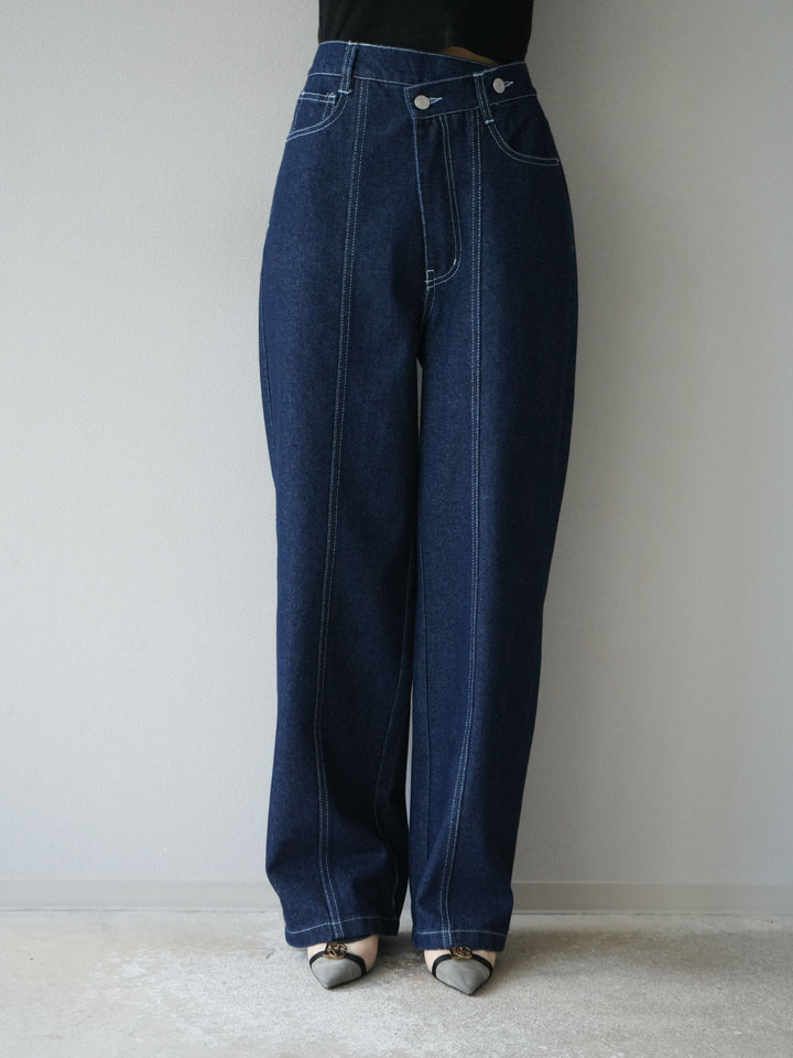 [予約]センターシームラップデザインストレートデニム/インディゴ