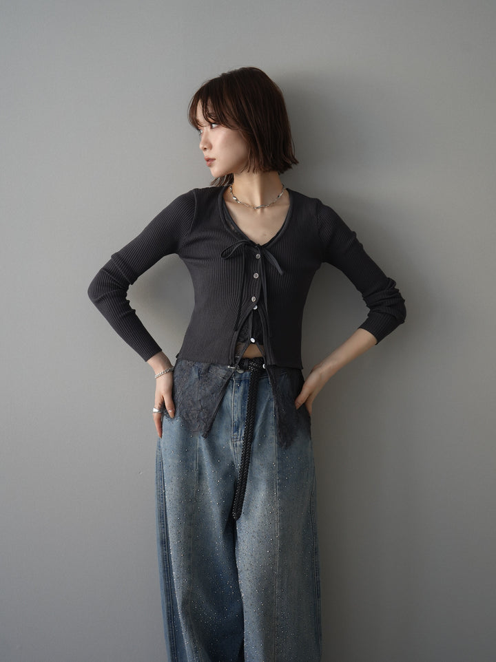 [予約]フロントリボン裾レースリブニットトップス/charcoal