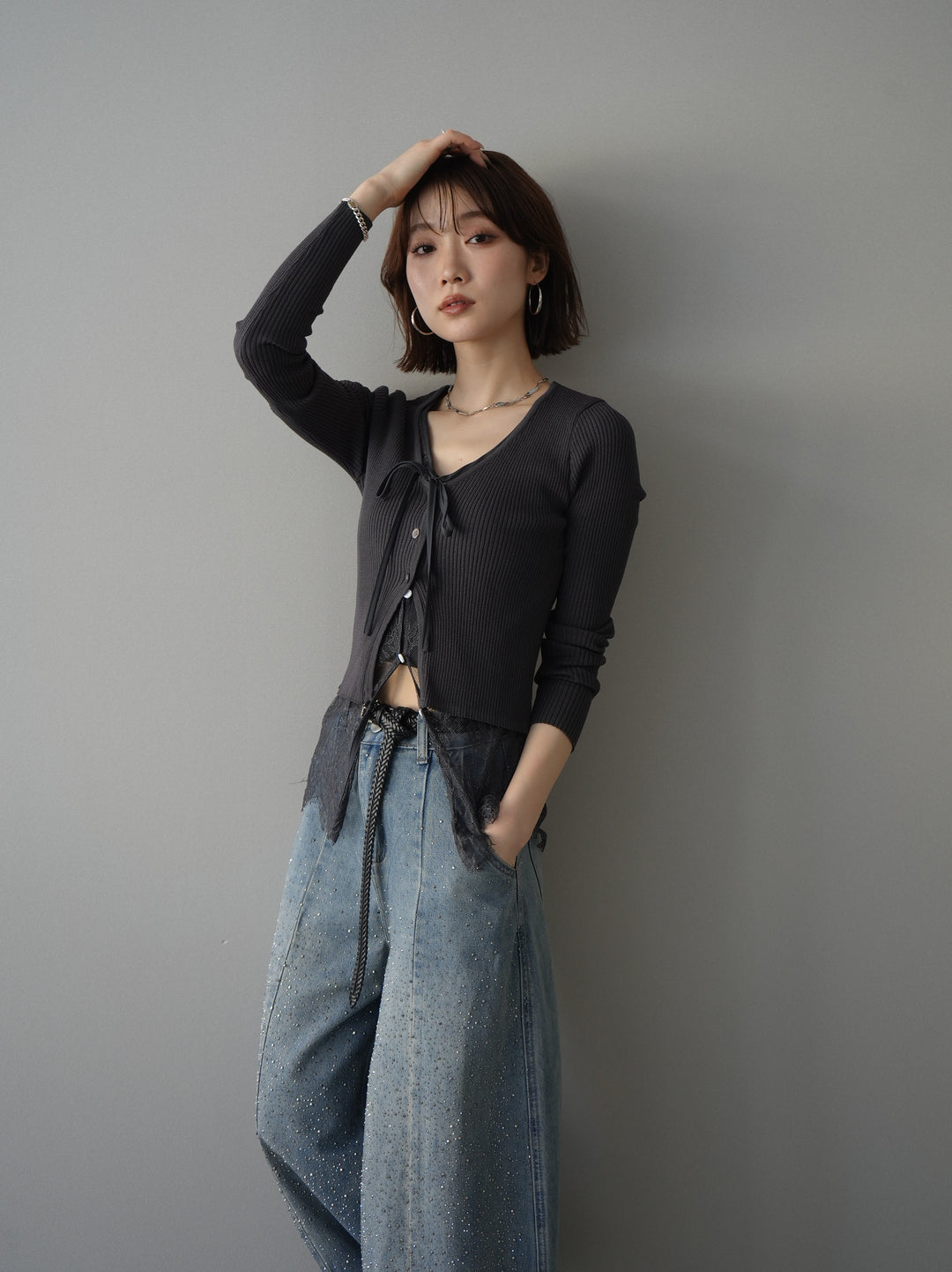 [SET]フロントリボン裾レースリブニットトップス+選べるアクセセット(2set)