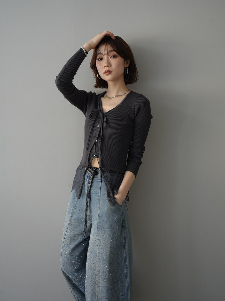 [SET]フロントリボン裾レースリブニットトップス+選べるアクセセット(2set)