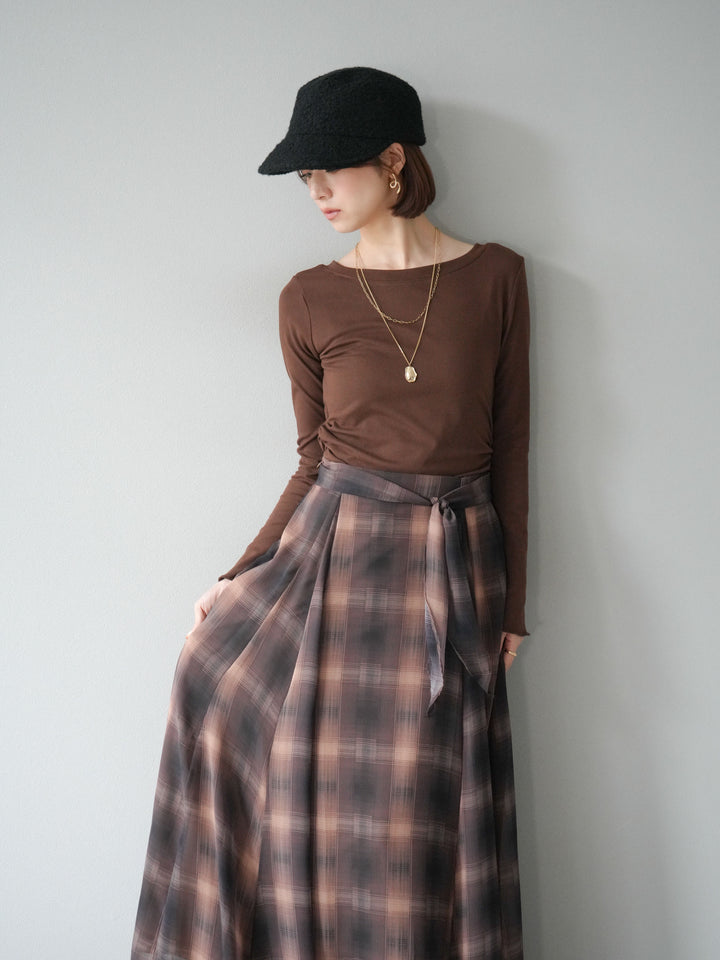 [予約]カットソー付シアーチェックフレアタックスカート/ブラウン