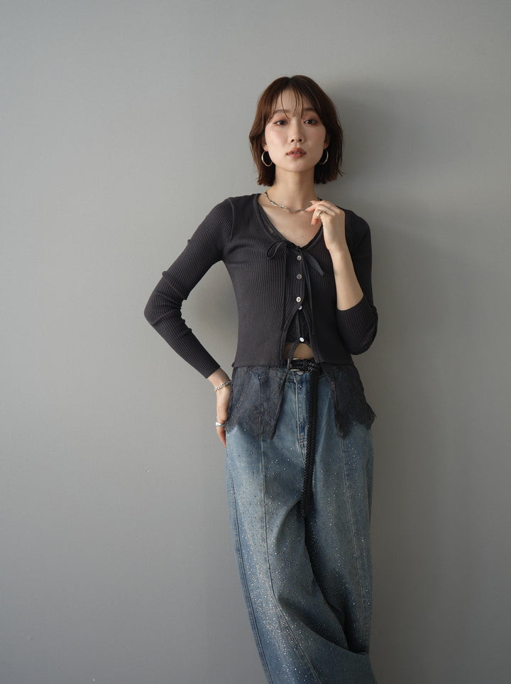 [予約]フロントリボン裾レースリブニットトップス/charcoal