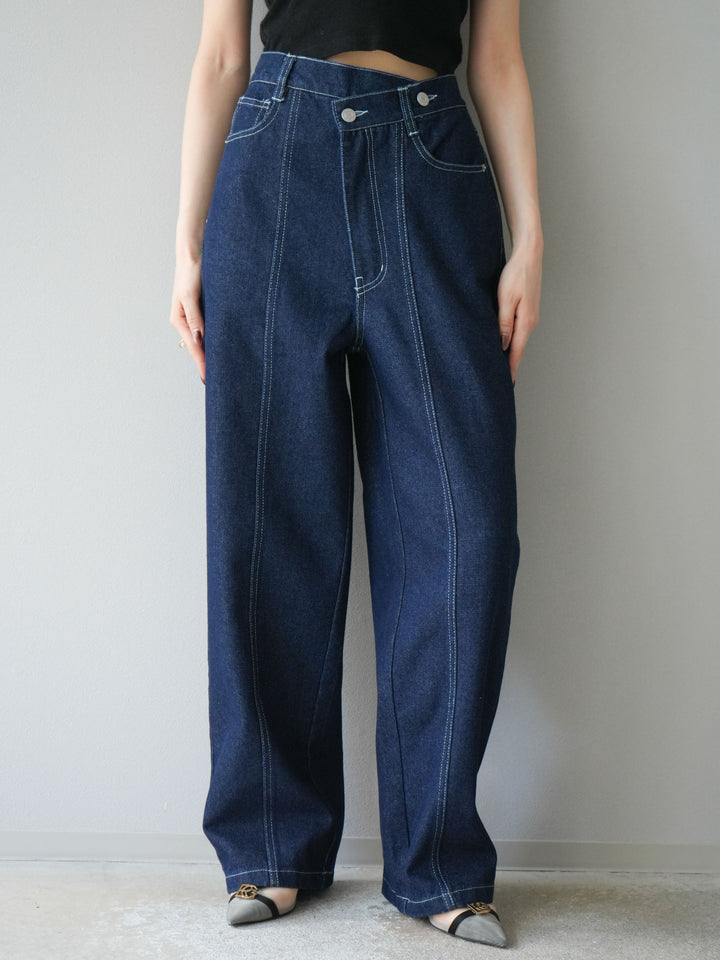 [予約]センターシームラップデザインストレートデニム/インディゴ