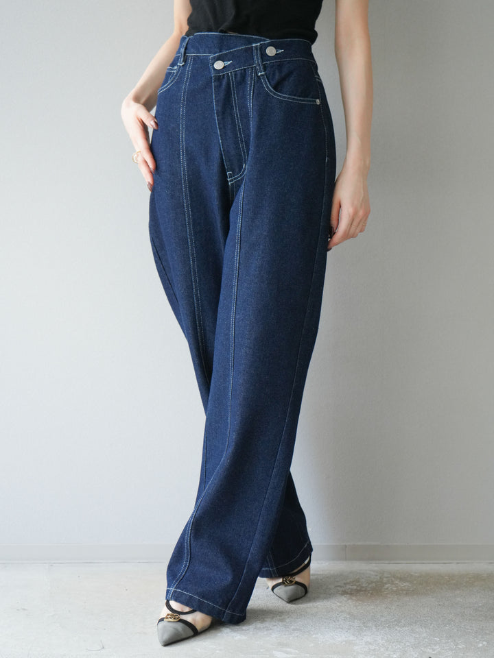 [予約]センターシームラップデザインストレートデニム/インディゴ