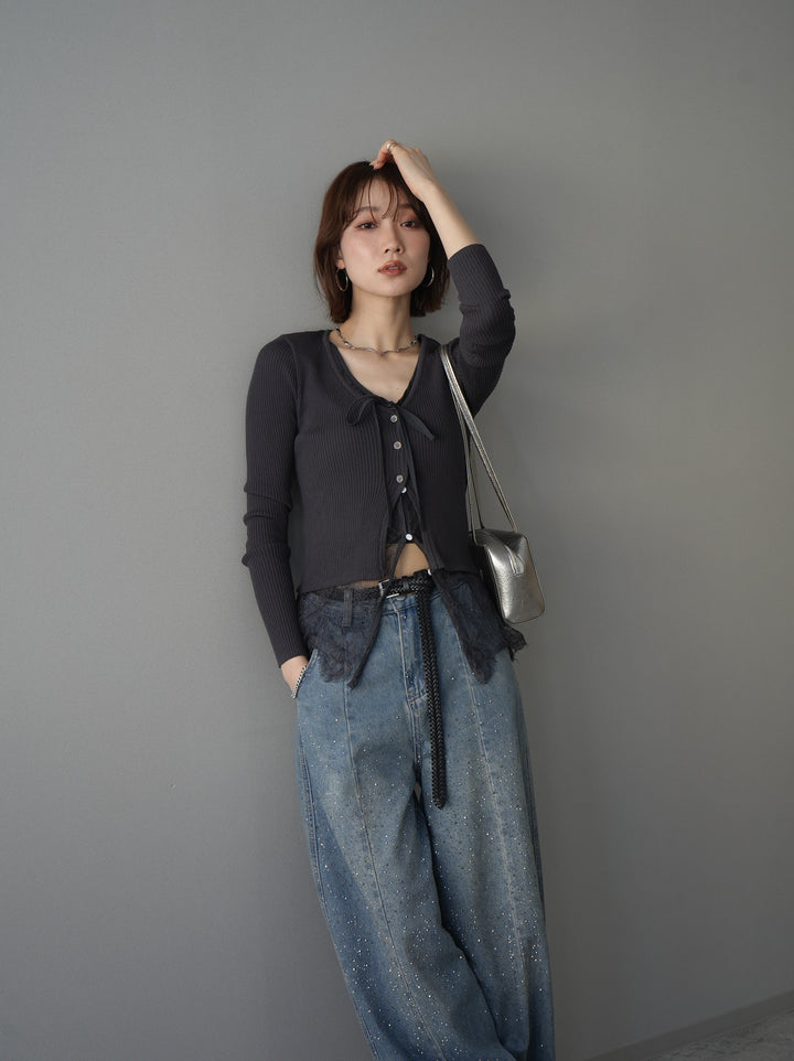 [予約]フロントリボン裾レースリブニットトップス/charcoal