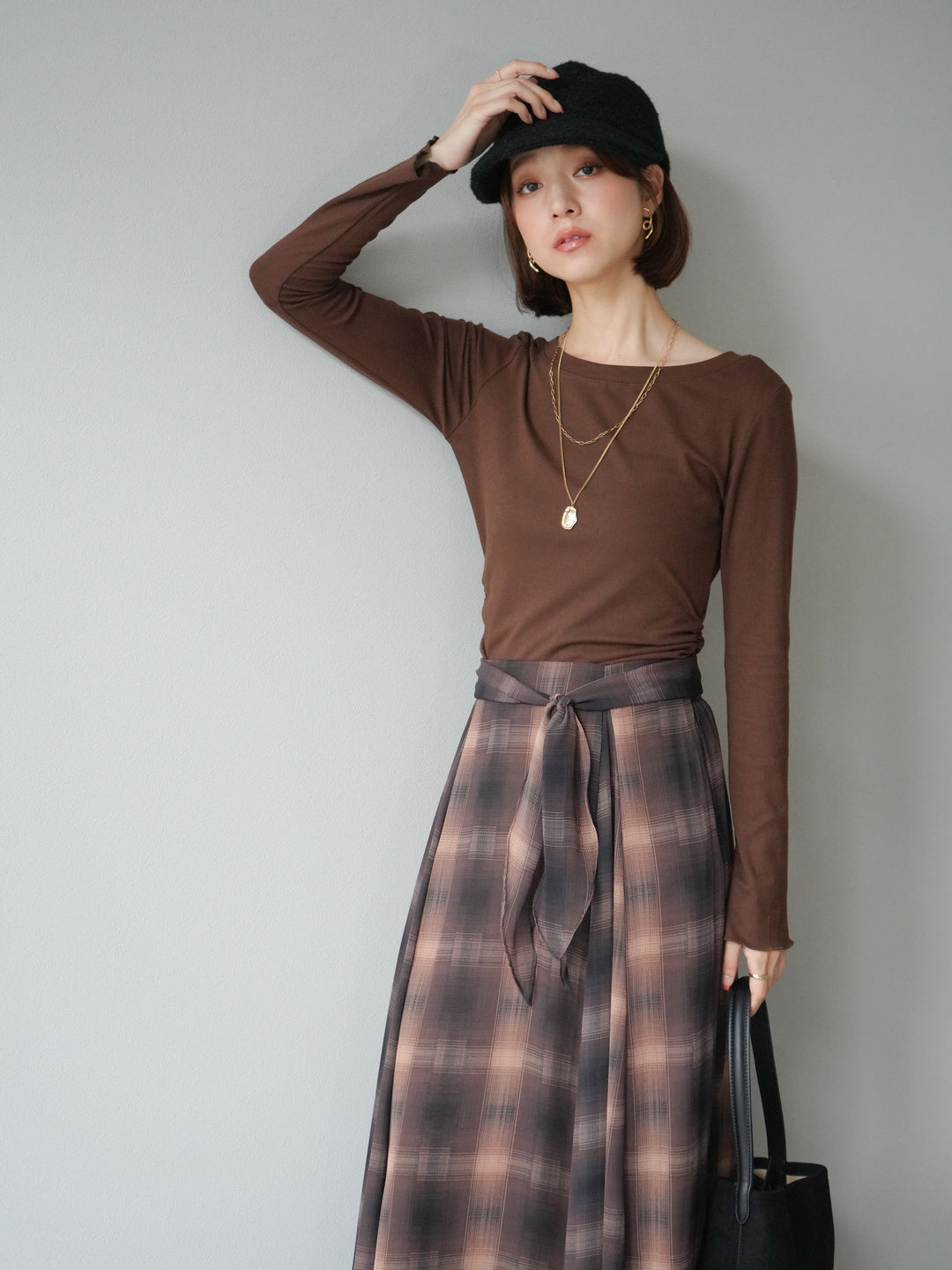 [予約]カットソー付シアーチェックフレアタックスカート/ブラウン