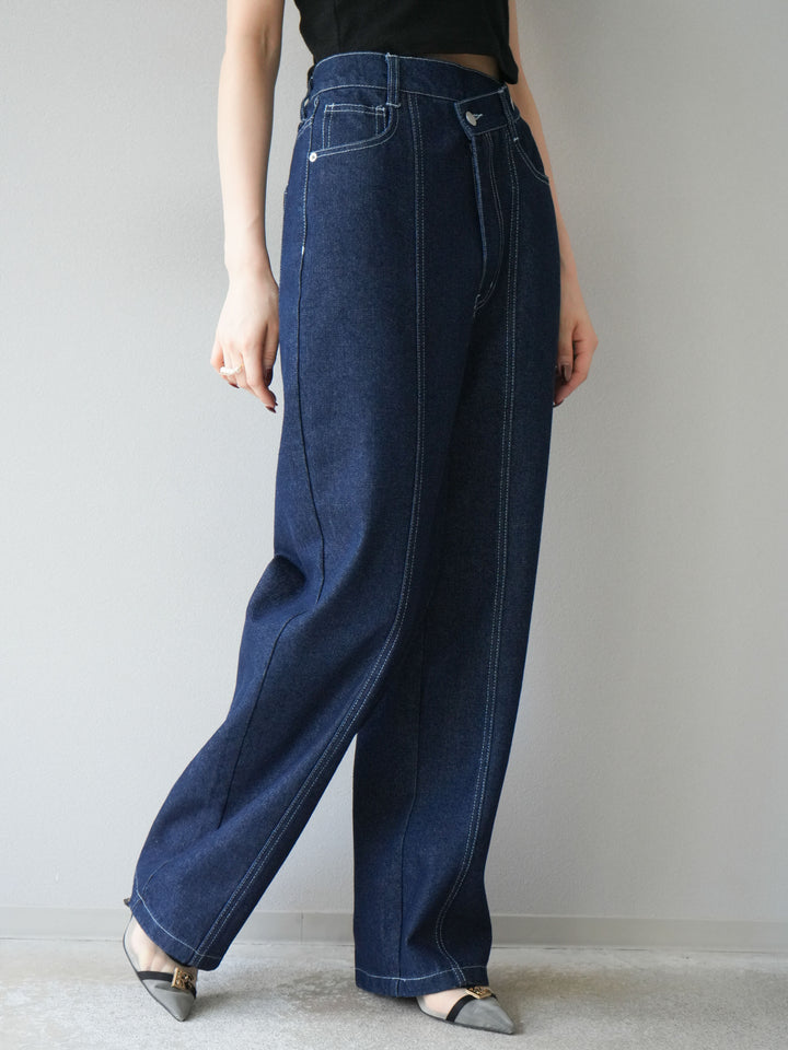 [予約]センターシームラップデザインストレートデニム/インディゴ
