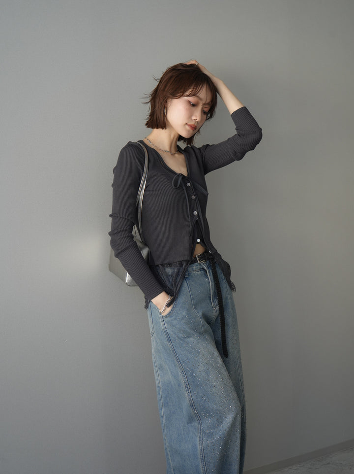 [予約]フロントリボン裾レースリブニットトップス/charcoal