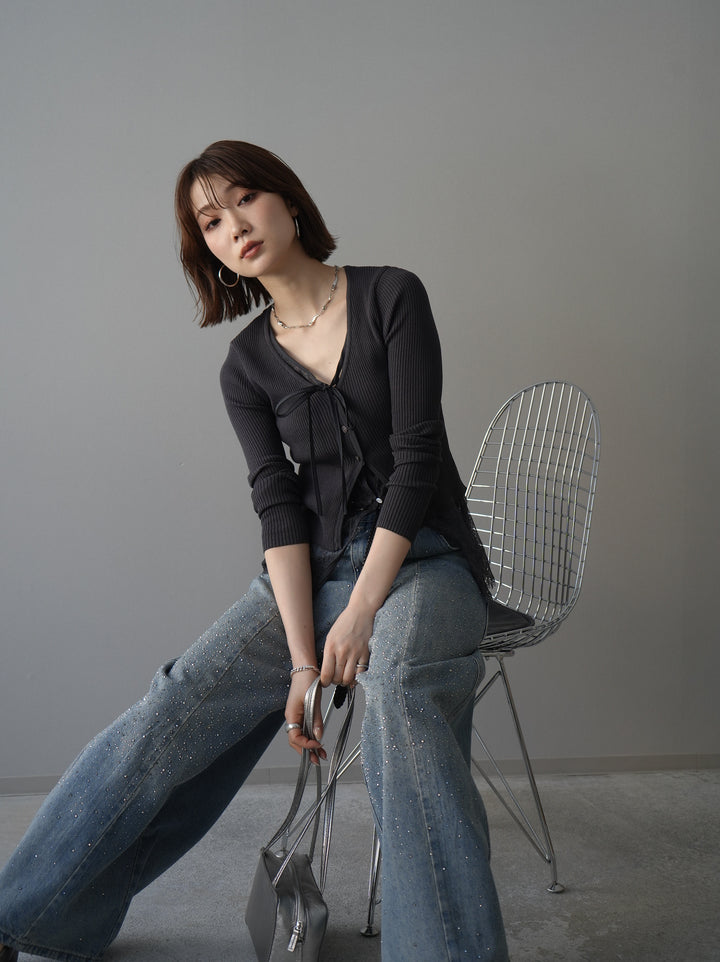 [予約]フロントリボン裾レースリブニットトップス/charcoal